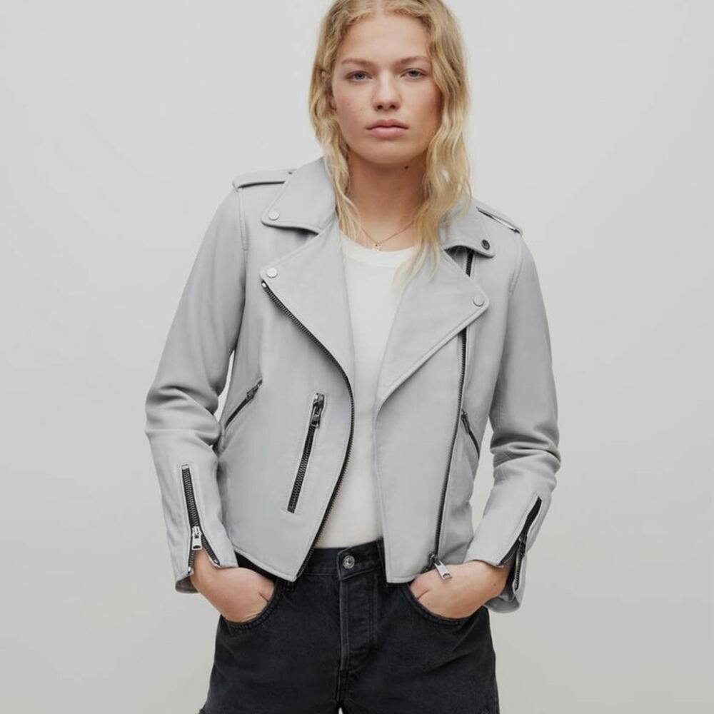 AllSaints “Fern” Leather Moto Jacket – Light Gray – Size 10
